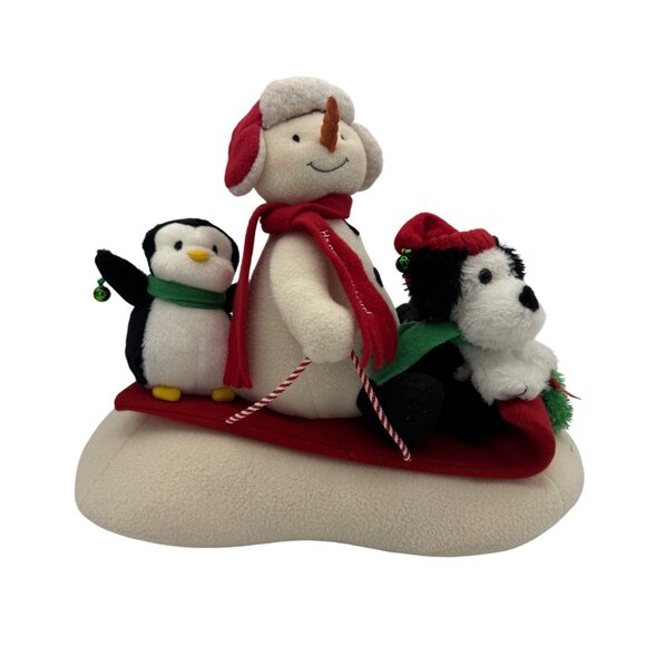 Gemmy Animated Snowman Penguin & Dog On Sled Plush Decoration - Picture 1 of 5